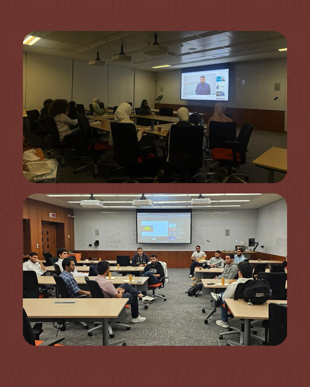 Two Dine and Reflect gatherings with students watching and discussing videos
